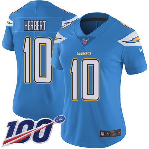 Nike Los Angeles Chargers #10 Justin Herbert Electric Blue Alternate Women's Stitched NFL 100th Season Vapor Untouchable Limited Jersey Womens