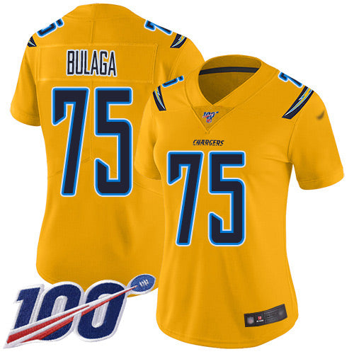 Nike Los Angeles Chargers #75 Bryan Bulaga Gold Women's Stitched NFL Limited Inverted Legend 100th Season Jersey Womens
