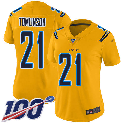 Nike Los Angeles Chargers #21 LaDainian Tomlinson Gold Women's Stitched NFL Limited Inverted Legend 100th Season Jersey Womens