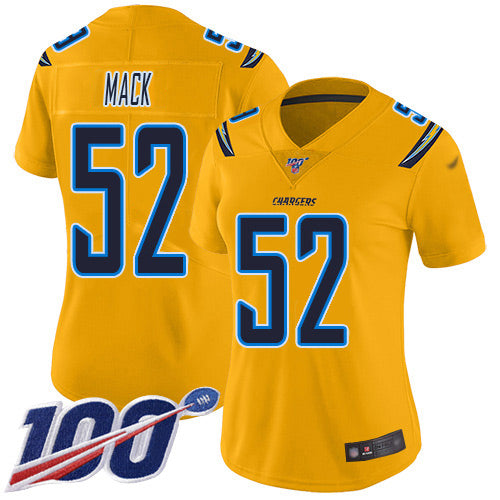 Nike Los Angeles Chargers #52 Khalil Mack Gold Women's Stitched NFL Limited Inverted Legend 100th Season Jersey Womens