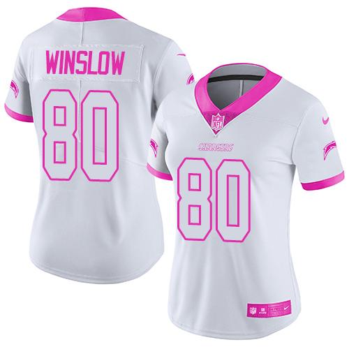 Nike Los Angeles Chargers #80 Kellen Winslow White/Pink Women's Stitched NFL Limited Rush Fashion Jersey Womens