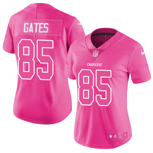 Nike Los Angeles Chargers #85 Antonio Gates Pink Women's Stitched NFL Limited Rush Fashion Jersey Womens
