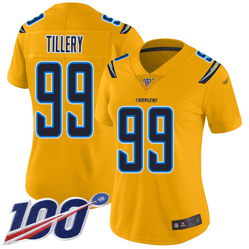 Nike Los Angeles Chargers #99 Jerry Tillery Gold Women's Stitched NFL Limited Inverted Legend 100th Season Jersey Womens