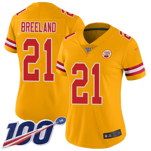 Nike Kansas City Chiefs #21 Bashaud Breeland Gold Women's Stitched NFL Limited Inverted Legend 100th Season Jersey Womens
