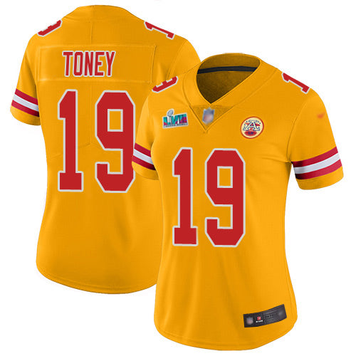 Nike Kansas City Chiefs #19 Kadarius Toney Gold Super Bowl LVII Patch Women's Stitched NFL Limited Inverted Legend Jersey Womens
