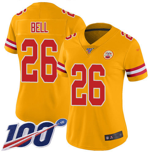 Nike Kansas City Chiefs #26 Le'Veon Bell Gold Women's Stitched NFL Limited Inverted Legend 100th Season Jersey Womens