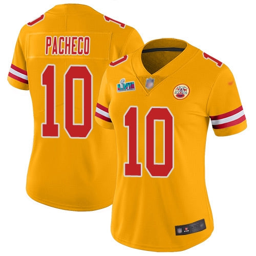 Nike Kansas City Chiefs #10 Isiah Pacheco Gold Super Bowl LVII Patch Women's Stitched NFL Limited Inverted Legend Jersey Womens