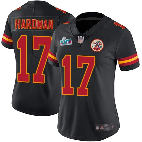 Nike Kansas City Chiefs #17 Mecole Hardman Black Super Bowl LVII Patch Women's Stitched NFL Limited Rush Jersey Womens