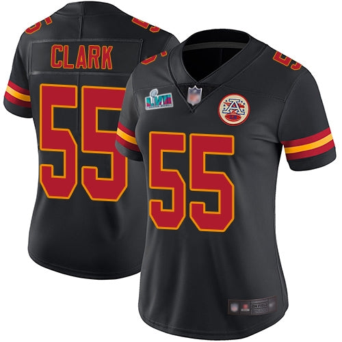 Nike Kansas City Chiefs #55 Frank Clark Black Super Bowl LVII Patch Women's Stitched NFL Limited Rush Jersey Womens