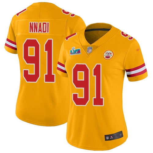 Nike Kansas City Chiefs #91 Derrick Nnadi Gold Super Bowl LVII Patch Women's Stitched NFL Limited Inverted Legend Jersey Womens