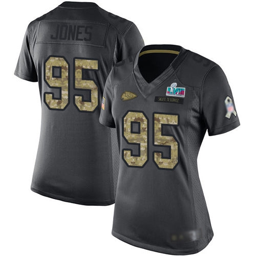 Nike Kansas City Chiefs #95 Chris Jones Black Super Bowl LVII Patch Women's Stitched NFL Limited 2016 Salute to Service Jersey Womens
