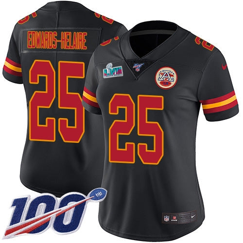 Nike Kansas City Chiefs #25 Clyde Edwards-Helaire Black Super Bowl LVII Patch Women's Stitched NFL Limited Rush 100th Season Jersey Womens