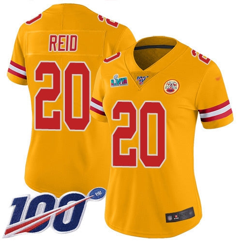 Nike Kansas City Chiefs #20 Justin Reid Gold Super Bowl LVII Patch Women's Stitched NFL Limited Inverted Legend 100th Season Jersey Womens