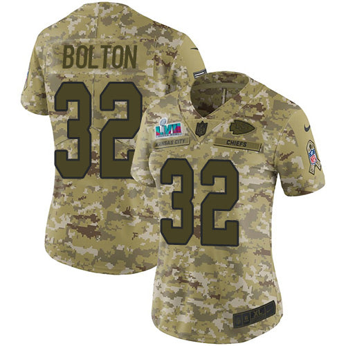 Nike Kansas City Chiefs #32 Nick Bolton Camo Super Bowl LVII Patch Women's Stitched NFL Limited 2018 Salute to Service Jersey Womens