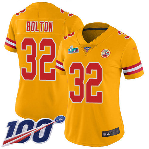 Nike Kansas City Chiefs #32 Nick Bolton Gold Super Bowl LVII Patch Women's Stitched NFL Limited Inverted Legend 100th Season Jersey Womens