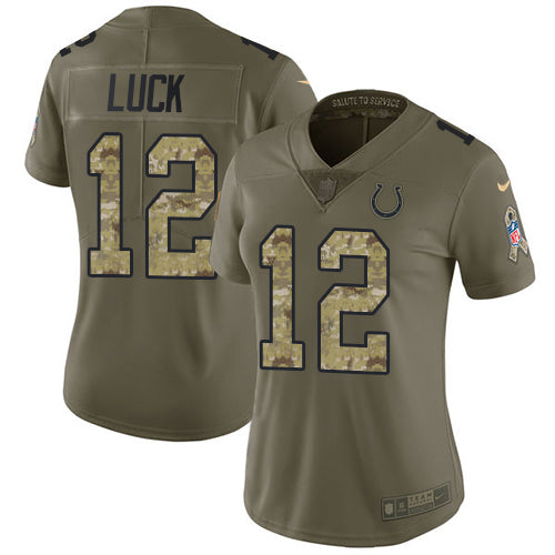 Nike Indianapolis Colts #12 Andrew Luck Olive/Camo Women's Stitched NFL Limited 2017 Salute to Service Jersey Womens