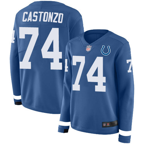 Nike Indianapolis Colts #74 Anthony Castonzo Royal Blue Team Color Women's Stitched NFL Limited Therma Long Sleeve Jersey Womens