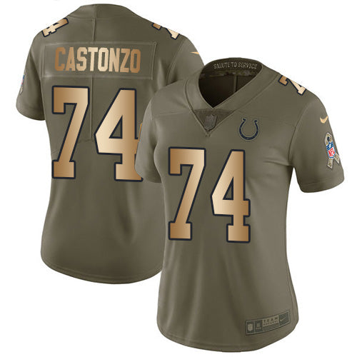 Nike Indianapolis Colts #74 Anthony Castonzo Olive/Gold Women's Stitched NFL Limited 2017 Salute To Service Jersey Womens