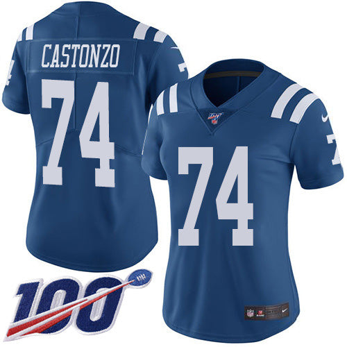 Nike Indianapolis Colts #74 Anthony Castonzo Royal Blue Women's Stitched NFL Limited Rush 100th Season Jersey Womens
