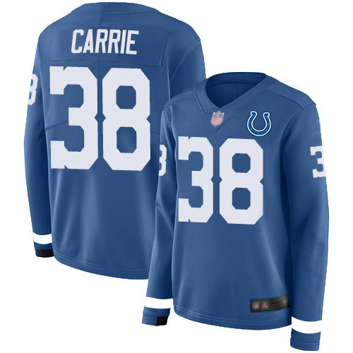 Nike Indianapolis Colts #38 T.J. Carrie Royal Blue Team Color Women's Stitched NFL Limited Therma Long Sleeve Jersey Womens