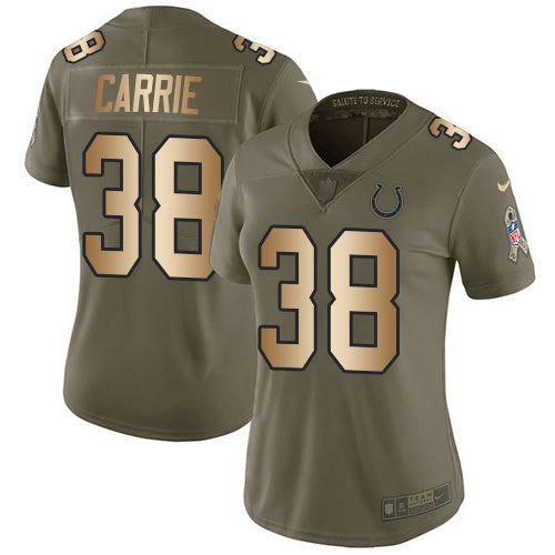 Nike Indianapolis Colts #38 T.J. Carrie Olive/Gold Women's Stitched NFL Limited 2017 Salute To Service Jersey Womens