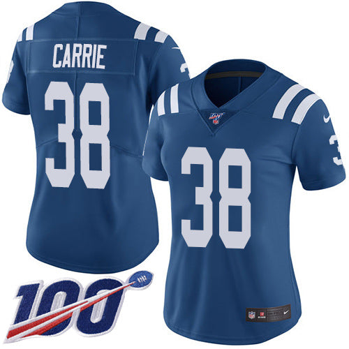 Nike Indianapolis Colts #38 T.J. Carrie Royal Blue Team Color Women's Stitched NFL 100th Season Vapor Untouchable Limited Jersey Womens