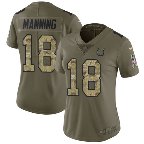 Nike Indianapolis Colts #18 Peyton Manning Olive/Camo Women's Stitched NFL Limited 2017 Salute to Service Jersey Womens