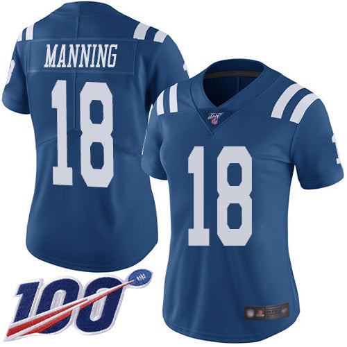 Nike Indianapolis Colts #18 Peyton Manning Royal Blue Women's Stitched NFL Limited Rush 100th Season Jersey Womens
