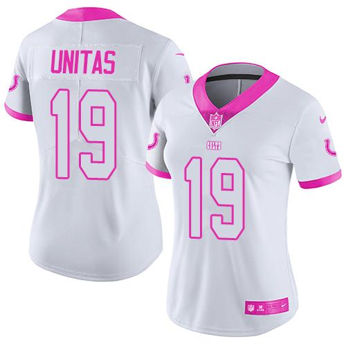 Nike Indianapolis Colts #19 Johnny Unitas White/Pink Women's Stitched NFL Limited Rush Fashion Jersey Womens