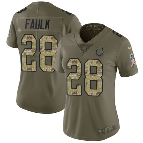 Nike Indianapolis Colts #28 Marshall Faulk Olive/Camo Women's Stitched NFL Limited 2017 Salute to Service Jersey Womens