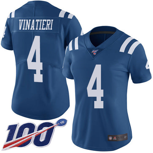 Nike Indianapolis Colts #4 Adam Vinatieri Royal Blue Women's Stitched NFL Limited Rush 100th Season Jersey Womens