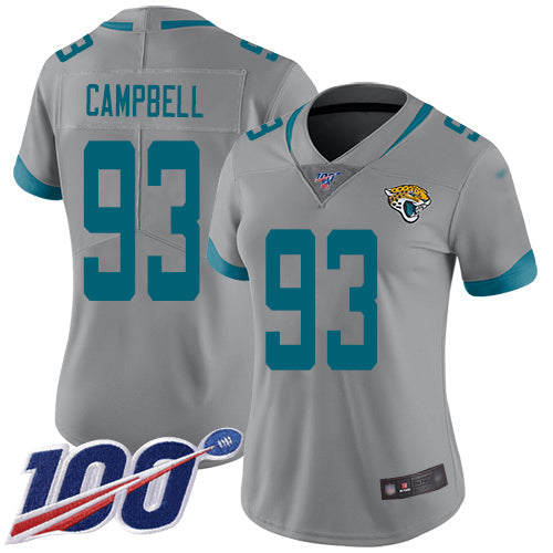 Nike Jacksonville Jaguars #93 Calais Campbell Silver Women's Stitched NFL Limited Inverted Legend 100th Season Jersey Womens