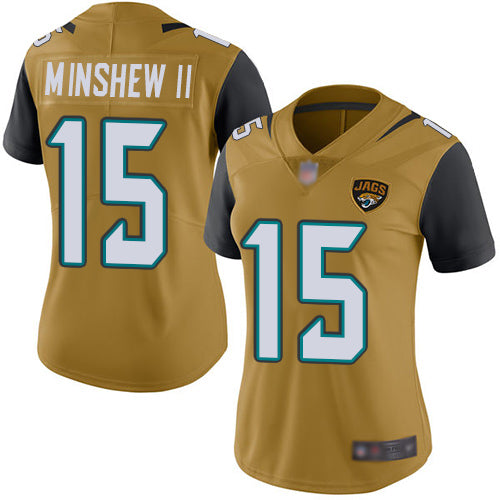 Nike Jacksonville Jaguars #15 Gardner Minshew II Gold Women's Stitched NFL Limited Rush Jersey Womens