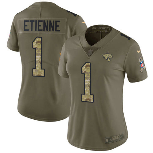 Nike Jacksonville Jaguars #1 Travis Etienne Olive/Camo Women's Stitched NFL Limited 2017 Salute To Service Jersey Womens
