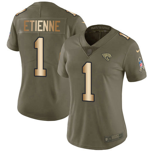 Nike Jacksonville Jaguars #1 Travis Etienne Olive/Gold Women's Stitched NFL Limited 2017 Salute To Service Jersey Womens