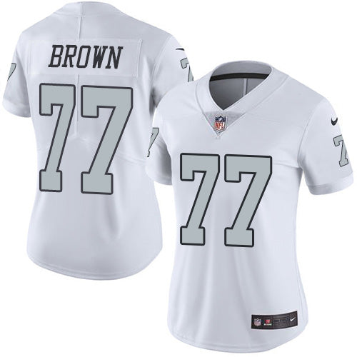 Nike Las Vegas Raiders #77 Trent Brown White Women's Stitched NFL Limited Rush Jersey Womens