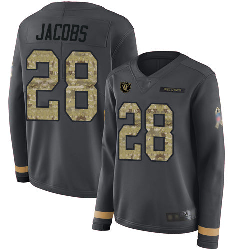 Nike Las Vegas Raiders #28 Josh Jacobs Anthracite Salute to Service Women's Stitched NFL Limited Therma Long Sleeve Jersey Womens