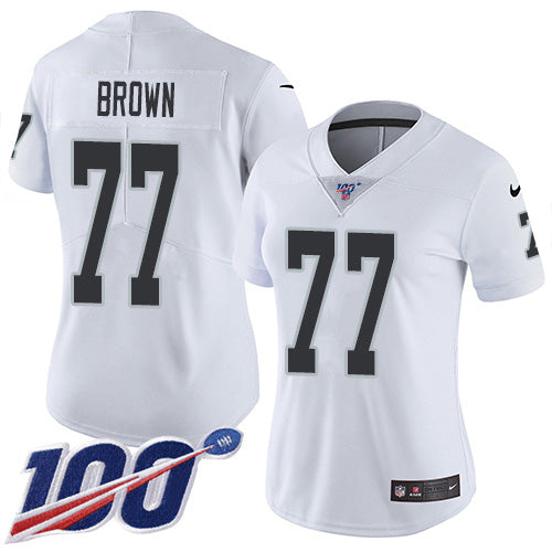Nike Las Vegas Raiders #77 Trent Brown White Women's Stitched NFL 100th Season Vapor Untouchable Limited Jersey Womens