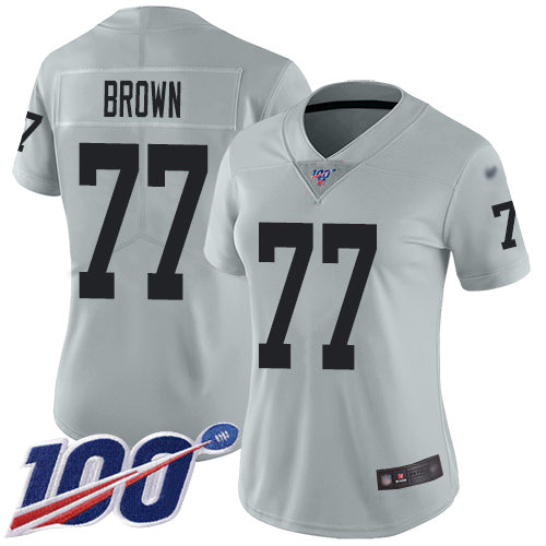 Nike Las Vegas Raiders #77 Trent Brown Silver Women's Stitched NFL Limited Inverted Legend 100th Season Jersey Womens