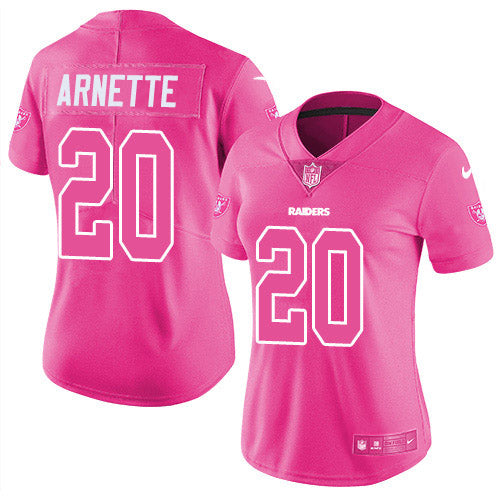 Nike Las Vegas Raiders #20 Damon Arnette Pink Women's Stitched NFL Limited Rush Fashion Jersey Womens