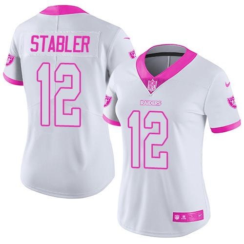 Nike Las Vegas Raiders #12 Kenny Stabler White/Pink Women's Stitched NFL Limited Rush Fashion Jersey Womens