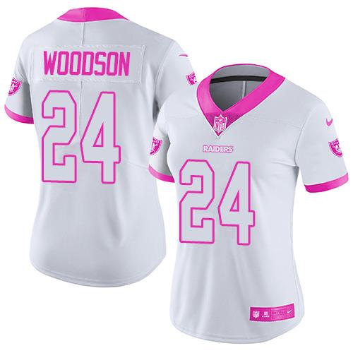 Nike Las Vegas Raiders #24 Charles Woodson White/Pink Women's Stitched NFL Limited Rush Fashion Jersey Womens