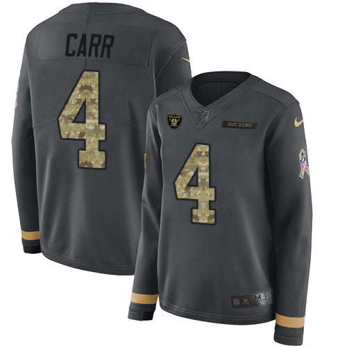 Nike Las Vegas Raiders #4 Derek Carr Anthracite Salute to Service Women's Stitched NFL Limited Therma Long Sleeve Jersey Womens