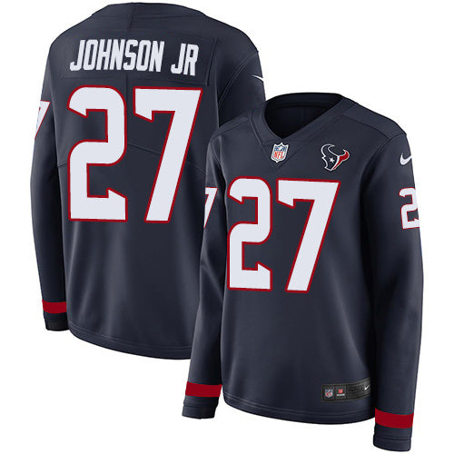 Nike Houston Texans #27 Duke Johnson Jr Navy Blue Team Color Women's Stitched NFL Limited Therma Long Sleeve Jersey Womens
