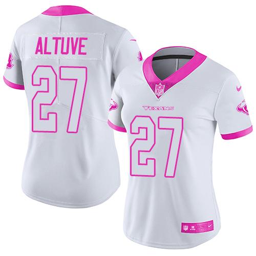 Nike Houston Texans #27 Jose Altuve White/Pink Women's Stitched NFL Limited Rush Fashion Jersey Womens