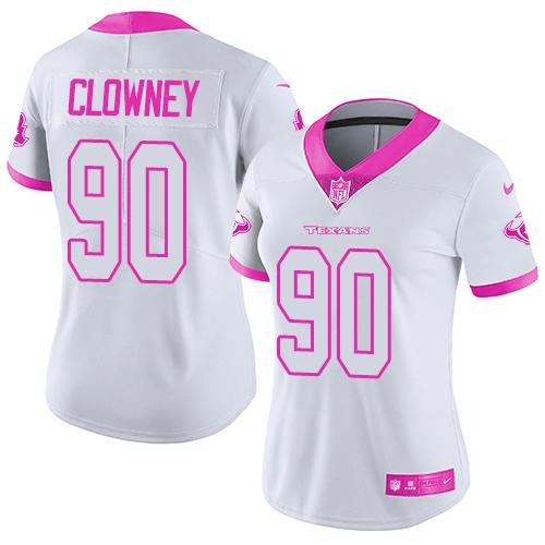Nike Houston Texans #90 Jadeveon Clowney White/Pink Women's Stitched NFL Limited Rush Fashion Jersey Womens