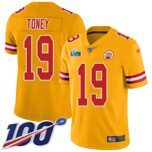 Nike Kansas City Chiefs #19 Kadarius Toney Gold Super Bowl LVII Patch Youth Stitched NFL Limited Inverted Legend 100th Season Jersey Youth