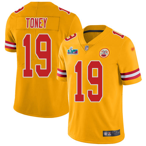 Nike Kansas City Chiefs #19 Kadarius Toney Gold Super Bowl LVII Patch Youth Stitched NFL Limited Inverted Legend Jersey Youth