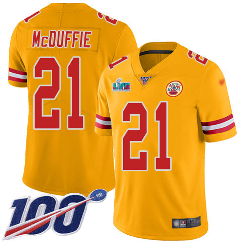 Nike Kansas City Chiefs #21 Trent McDuffie Gold Super Bowl LVII Patch Youth Stitched NFL Limited Inverted Legend 100th Season Jersey Youth