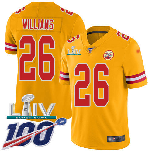 Nike Kansas City Chiefs #26 Damien Williams Gold Super Bowl LIV 2020 Youth Stitched NFL Limited Inverted Legend 100th Season Jersey Youth